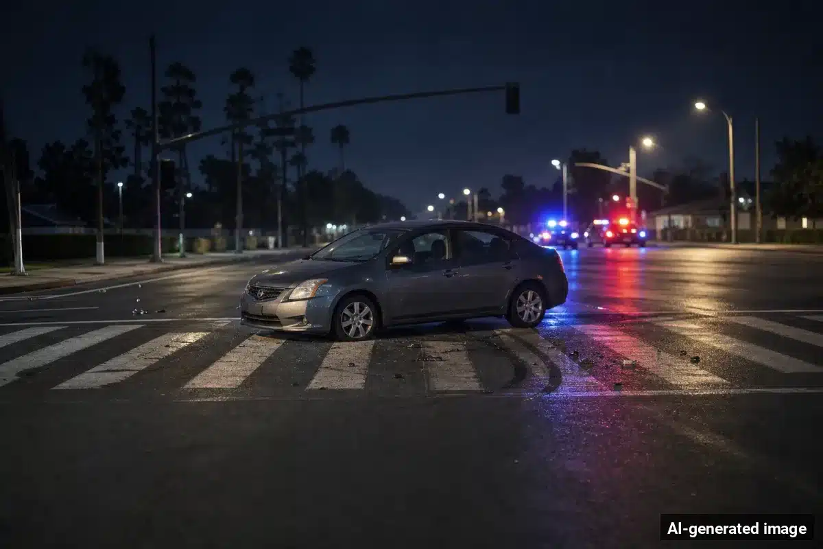 AI-generated image – San Jose Pedestrian Dies Weeks After Tully Road Crosswalk Crash AI-generated image depicting the aftermath of the reported collision. Editorial scene illustration; not the actual incident.