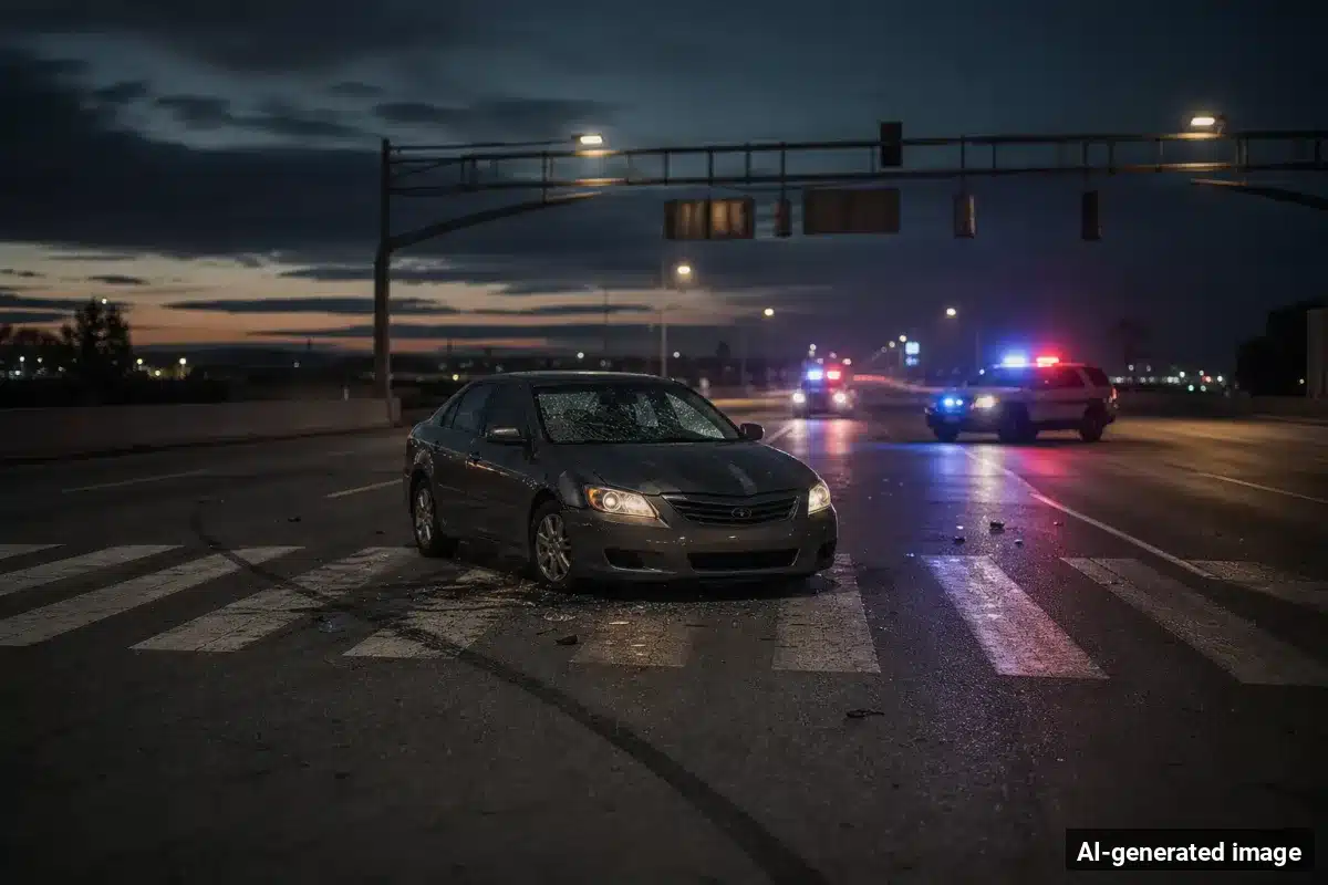 AI-generated image – Santa Maria Pedestrian Killed in Crash on West Battles Road AI-generated image depicting the aftermath of the reported collision. Editorial scene illustration; not the actual incident.