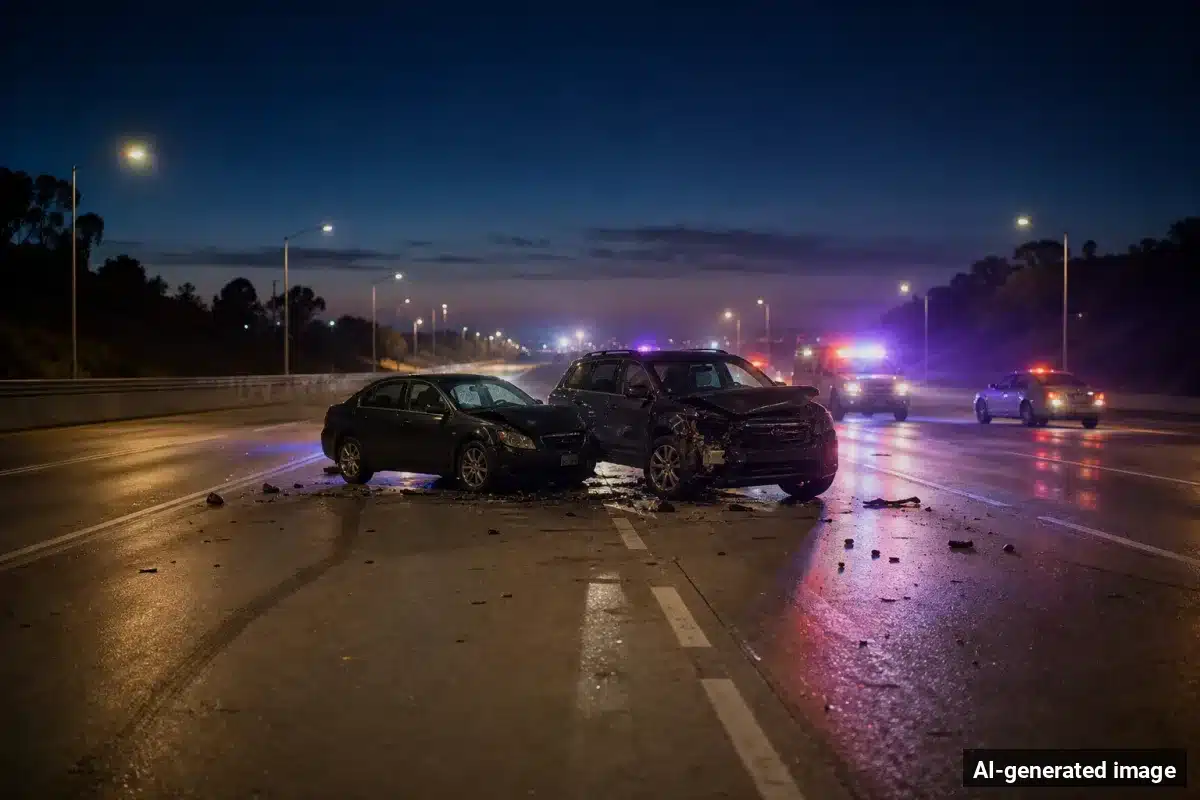 AI-generated image – Six Die in San Diego-Area Traffic Crashes Over One Week AI-generated image depicting the aftermath of the reported collision. Editorial scene illustration; not the actual incident.