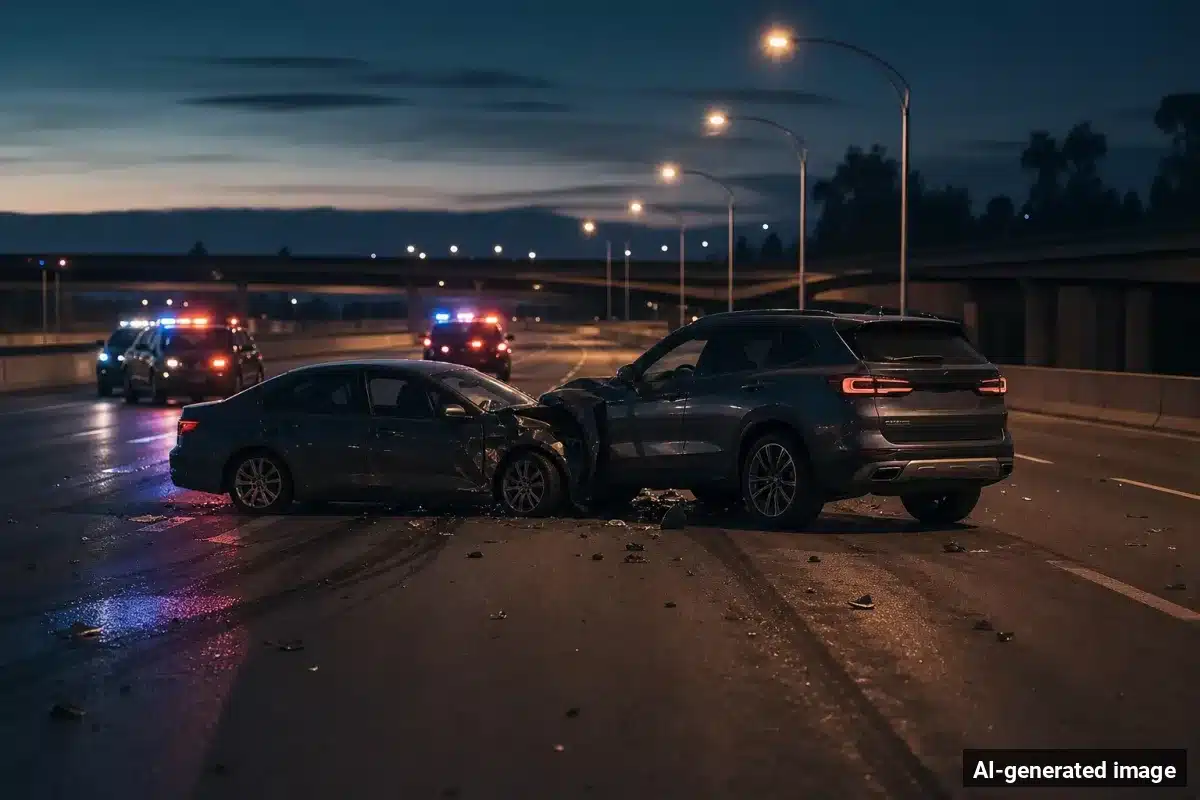 AI-generated image – Stolen-Vehicle Pursuit From Perris Ends in Escondido Crash AI-generated image depicting the aftermath of the reported collision. Editorial scene illustration; not the actual incident.