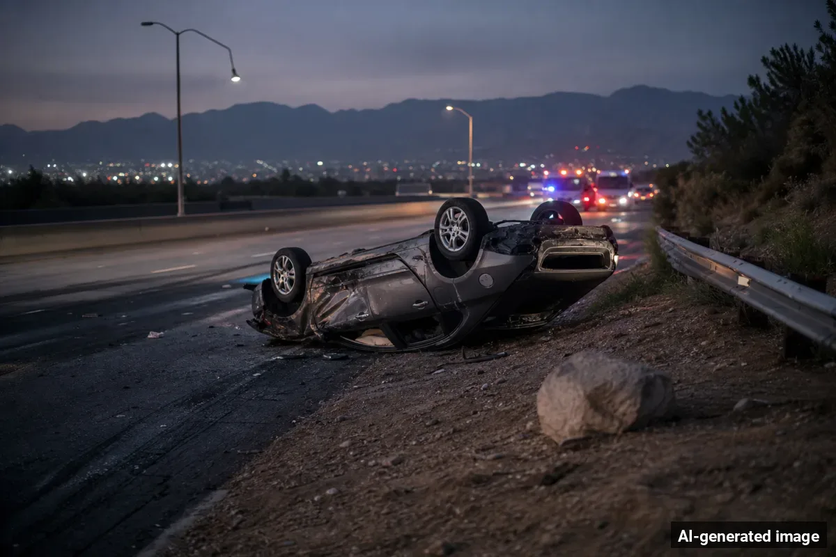AI-generated image depicting the aftermath of the reported collision. Editorial scene illustration; not the actual incident.