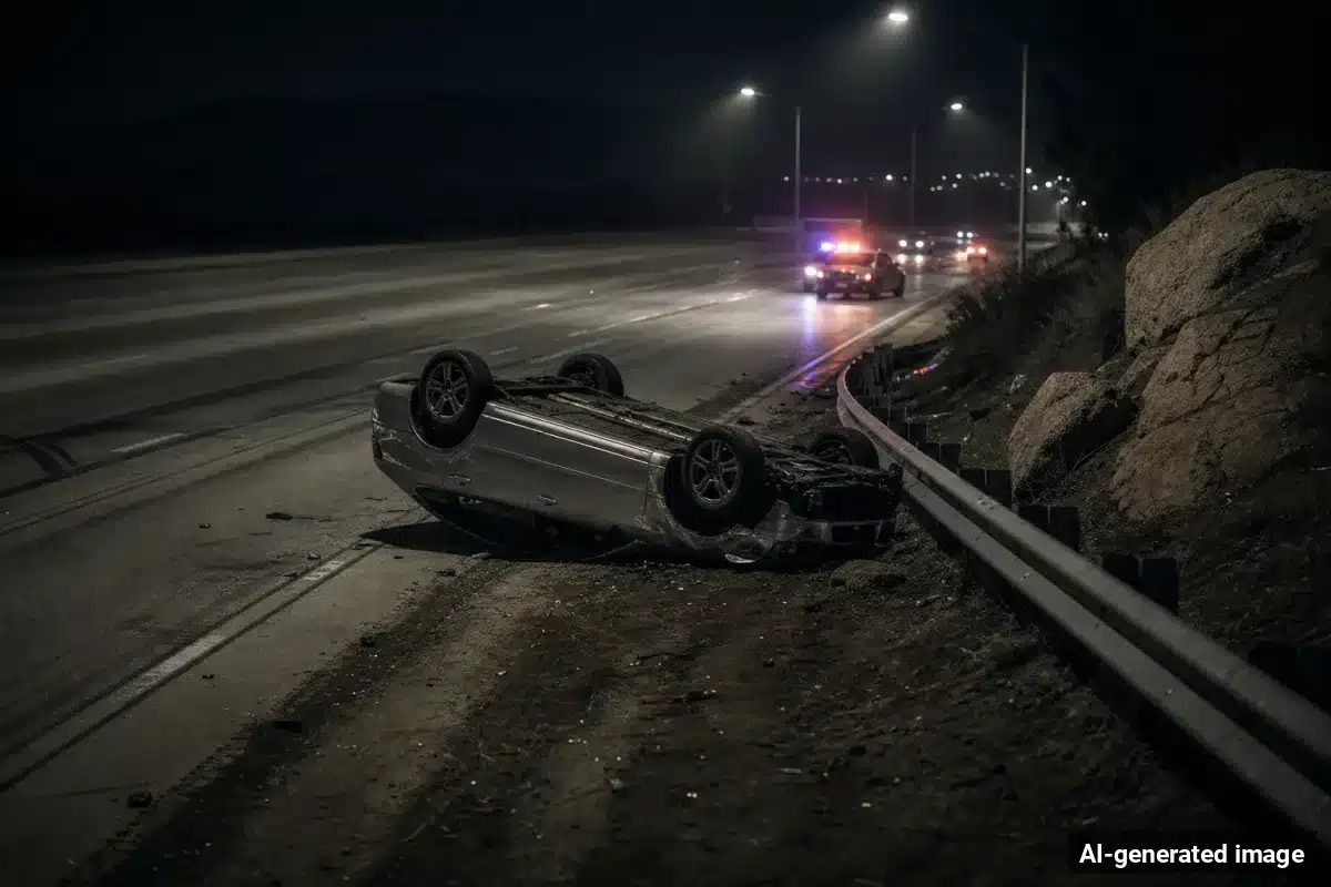 AI-generated image – Teen Killed, Three Injured in Rollover Crash Near Highway 1 in Harmony AI-generated image depicting the aftermath of the reported collision. Editorial scene illustration; not the actual incident.