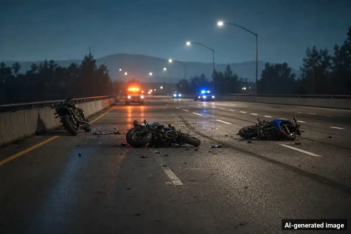 AI-generated image – Three Motorcyclists Hurt in Highway 20 Crash West of Willits AI-generated image depicting the aftermath of the reported collision. Editorial scene illustration; not the actual incident.