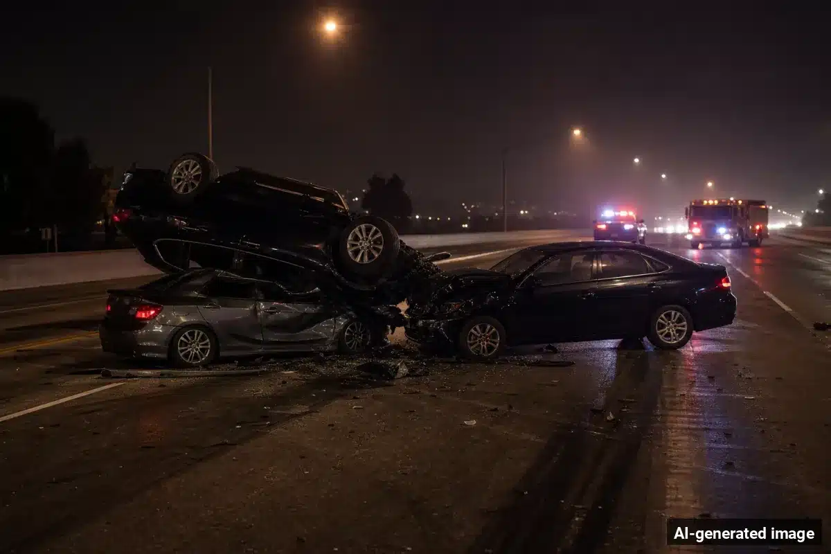 AI-generated image – Three-Vehicle Crash Near Fatal Collision Scene in Apple Valley AI-generated image depicting the aftermath of the reported collision. Editorial scene illustration; not the actual incident.