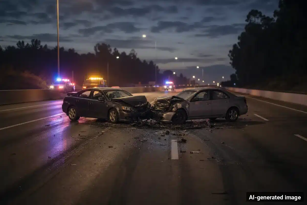 AI-generated image – Two Killed in Head-On Wrong-Way Crash on I-10 Near Blythe AI-generated image depicting the aftermath of the reported collision. Editorial scene illustration; not the actual incident.