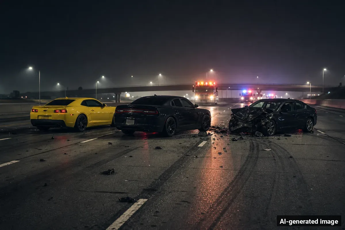 AI-generated image depicting the aftermath of the reported collision. Editorial scene illustration; not the actual incident.