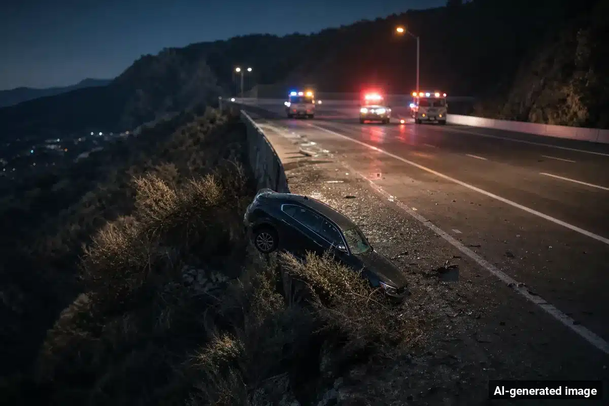 AI-generated image – Vehicle Plunges Off Angeles Crest Highway; Up to 4 Trapped AI-generated image depicting the aftermath of the reported collision. Editorial scene illustration; not the actual incident.