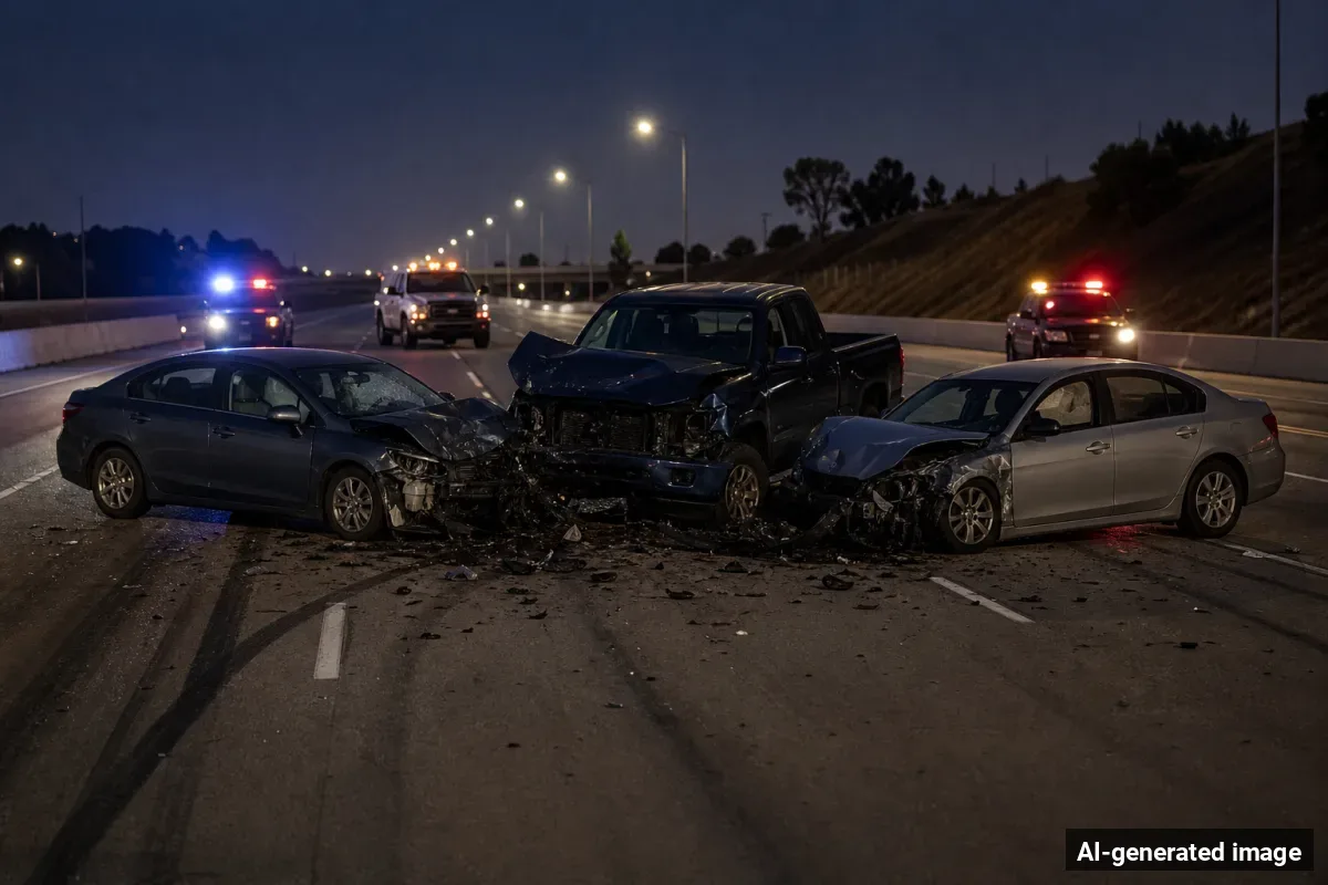 AI-generated image – Wrong-Way Crash on Highway 99 in Bakersfield Kills 3 AI-generated image depicting the aftermath of the reported collision. Editorial scene illustration; not the actual incident.