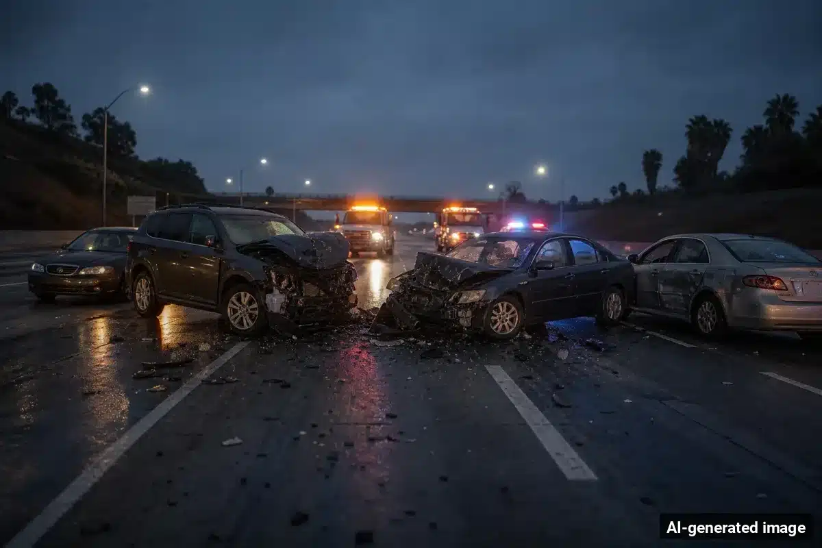 AI-generated image – Wrong-Way Crash on I-15 in Fallbrook Kills Driver, 38 AI-generated image depicting the aftermath of the reported collision. Editorial scene illustration; not the actual incident.