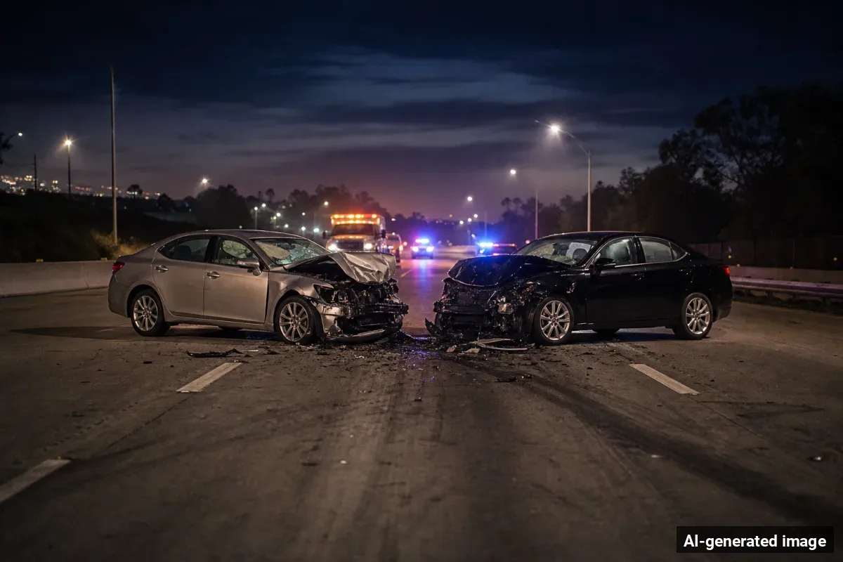 AI-generated image – Wrong-Way DUI Crash on 405 Freeway in Hawthorne Kills Mother of Two AI-generated image depicting the aftermath of the reported collision. Editorial scene illustration; not the actual incident.