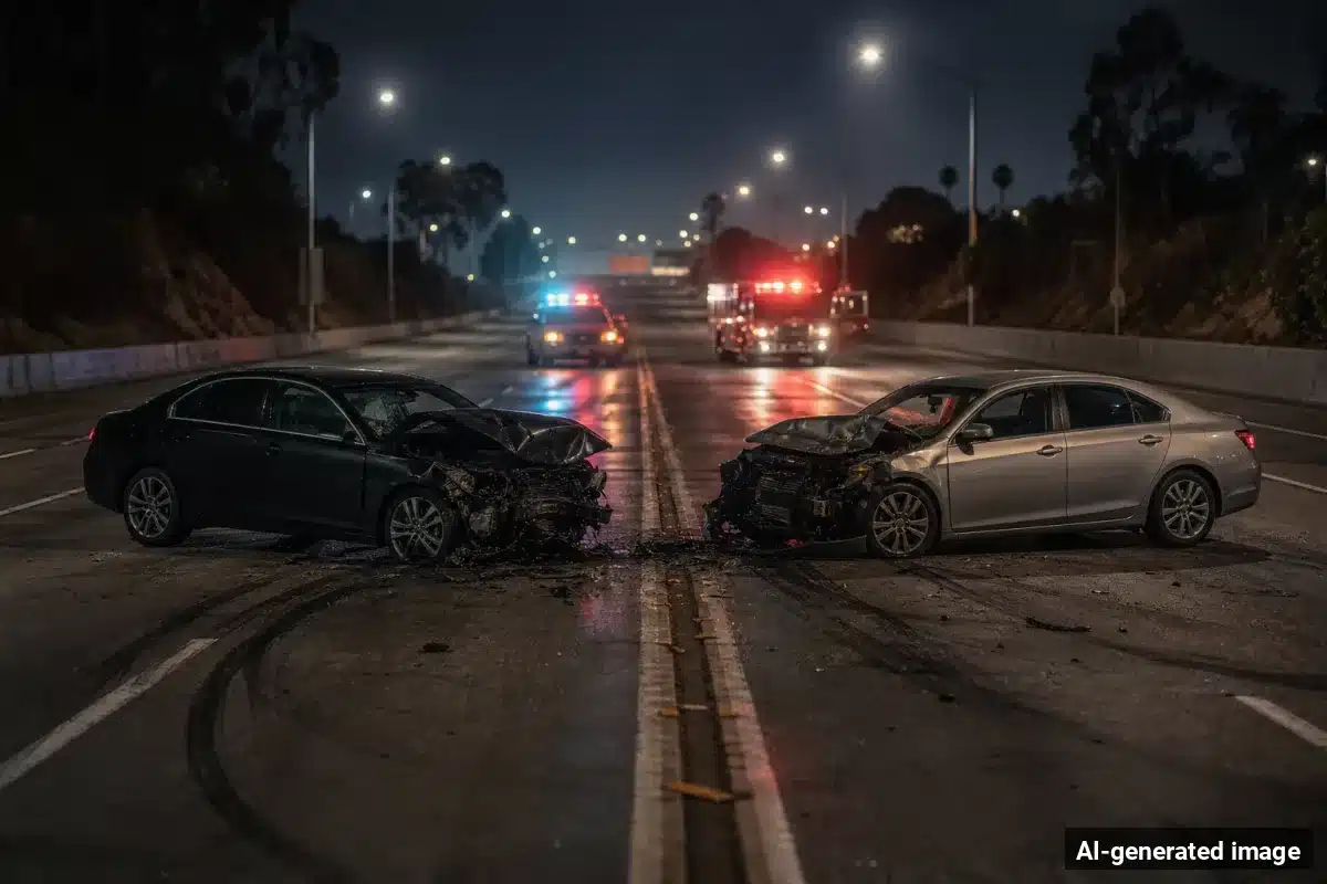 AI-generated image – Wrong-Way Head-On Crash Shuts Down Northbound I-15 in Victorville AI-generated image depicting the aftermath of the reported collision. Editorial scene illustration; not the actual incident.
